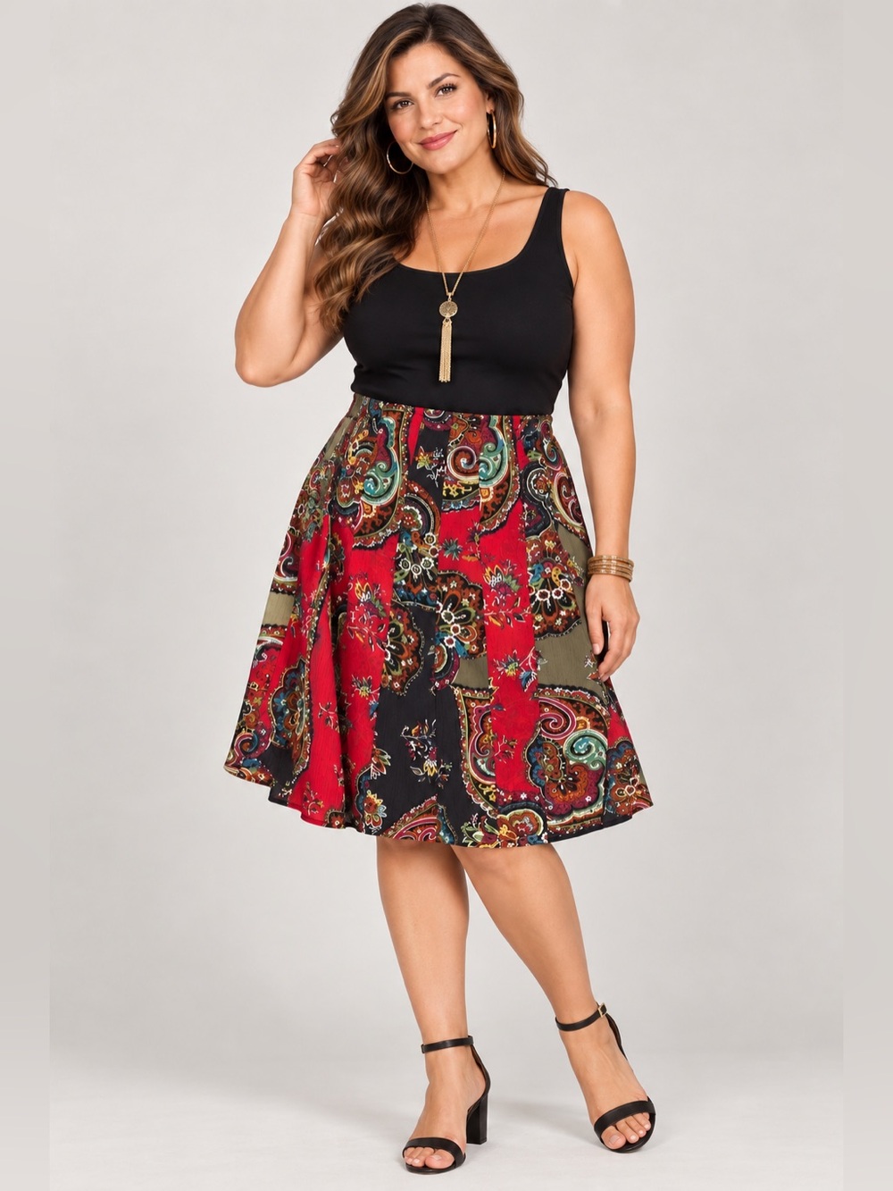 CHICO’S Flared Skirt Silk Paisley Boho Artsy Knee Length Colorful women's size 3
